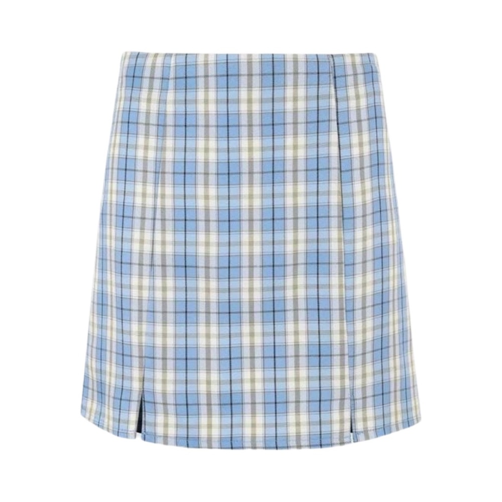Cider, Plaid Mini Skirt w/ Slit, Blue, Yellow, Medium